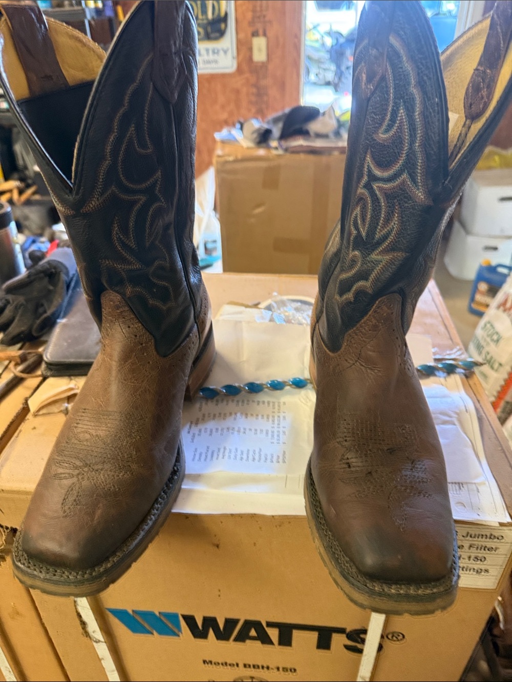 Men's Brown Leather Western Cowboy Boots with Dark Embroidered Shaft